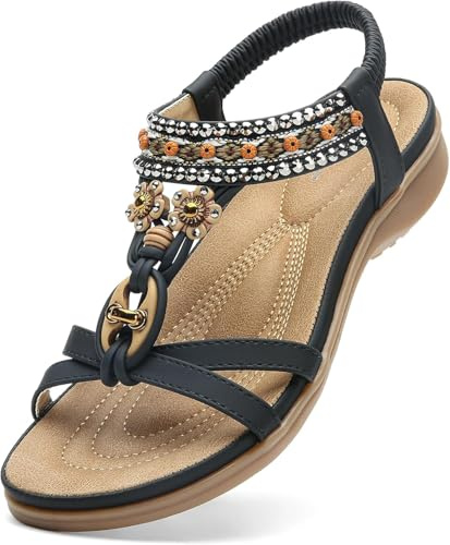 Littleplum Womens Sandals Arch Support Bohemian T-Strap Flower Rhinestone Sandals Women's Non Slip Summer Beach Flat Sandals Black Size 8.5