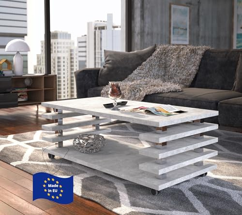 designimpex Carl Svensson Couchtisch DC-3 Beton 120x60cm mit Ablage modern stabil vielseitig Wohnzimmertisch Beistelltisch Sofatisch Zeitloses platzsparend robust Wohnzimmer mit Rollen