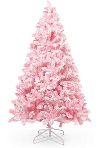180 cm/6 ft Árbol de Navidad Rosa con Decoración Flocada con Copos de Nieve, 808 Hojas de Pino Puntiagudas de PVC y Base Estable, Árbol de Navidad Artificial para Decoración Navideña