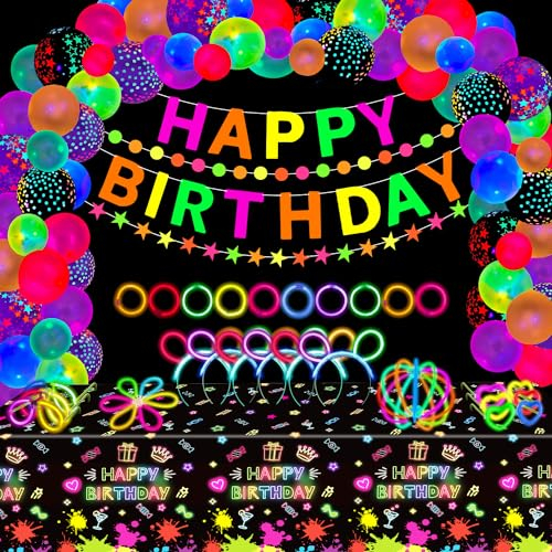 173 Packungen Leuchtendes Neon-Party-Zubehör Glow Sticks Party Dekorationen Schwarzes Licht Reaktive Dekoration Set - Fluoreszierende Banner, Girlanden, Ballons, Graffiti Tischdecke, Leuchtstäbchen