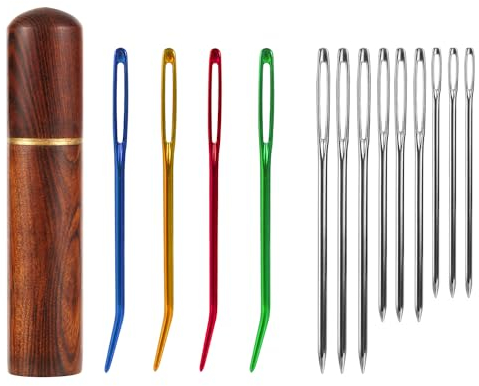 13 Teiliges Nähnadeln Set, Stumpfe Nadeln mit Großem Öhr aus Edelstahl und Gebogene Gobelinnadeln Scharfe Handstricknadeln mit Nadeletui aus Holz für Häkelprojekte