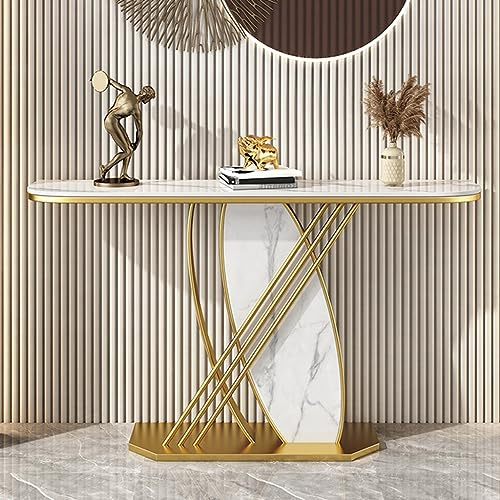 Konsolentisch, moderner Konsolentisch in Gold und Schwarz mit Metallsockel, schmaler Eingangstisch aus Kunstmarmor, Langer Tisch mit breiterer Tischplatte (Gold 150 x 30 x 80 cm)