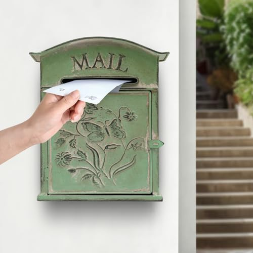 Klassischer Außenbriefkasten Vintage Außen Postbox Wetterfester Briefkasten Mailbox 27 * 10.5 * 31.2cm Wandbriefkasten, für Wandmontage, grüner, Normal, Eisen