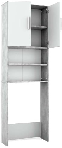 Vicco Toilettenschrank, Beton/Weiß, 64 x 190 cm mit 2 Türen, zur Aufbewahrung von Badutensilien über der Toilette