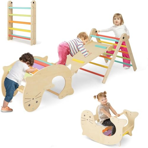 GOPLUS 6 en 1 Triángulo de Escalada Montessoi, Escalador Madera Plegable con Balancín de León Marino y Tobogán, Slide Aprendizaje para Guardería Casa, Niños de 3-14 Años, Carga 60 KG