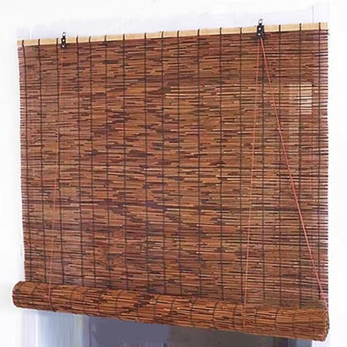 Zlovne Carbonization Natural Schilf Vorhang Bambusjalousien,Lichtfilternde Verdunkelungsrollo,Fensterrollo mit Seitlichem Zug,Lichtfilter Rollläden für Garten/Balkon/Fenster (W110xH140cm/43x55in)