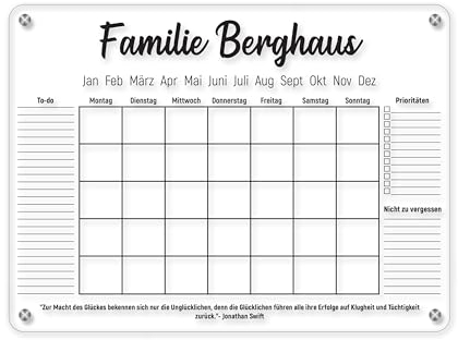 LAUBLUST Personalisierter Acrylglas Wandkalender - A2, A3, A4 Format | Familienplaner mit Familienname & Wunschtext - Großer Wochenplaner & Monatsplaner als Familienkalender | Jahresplaner abwischbar