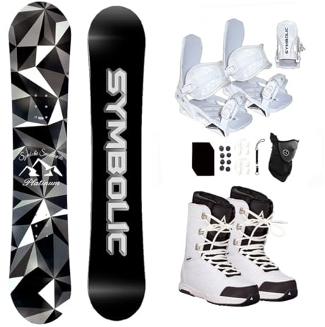 Symbolic Platinum Airtracks Women's Snowboard & White Bindings & Boots & Leash & Stomp & Gaiter Complete System Package Freeride Freestyle (155 cm, 9.5 WMS (EU41) ATWhite+Wht Bindg)