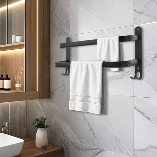 HEIYUET 2 Stück 40cm Handtuchhalter Wand Schwarz 2 Stangen, Extra Starke Handtuchstange Badezimmer Aluminium Wand, Modern Badetuchhalter Wandmontage Handtuchhalter mit Haken