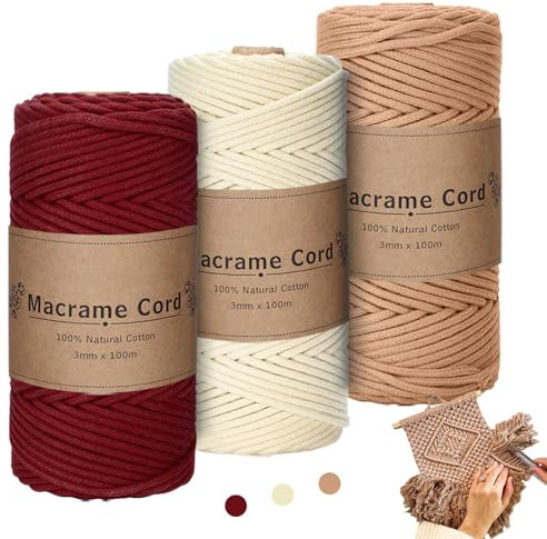 Corda Cotone Macrame Rosso 3 Kit,Filato Macrame 3mmx100 m,Corda Di Cotone Morbido,Cordino Per Borse Uncinetto Fai Da Te Per Arazzi,Decorazione Fioriere,Decorazioni Boho