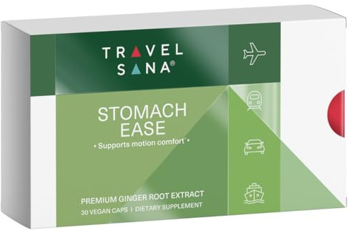 TRAVELSANA Organic Ginger Supplement | 200mg of Ginger Root Extract (10:1) & 9% Gingerols (18mg) per Capsule | Supports Stomach Comfort* & Motion-Related Nausea* | Travel Essentials | 30 Veg Capsules