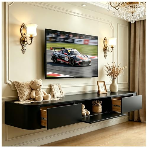 JUNFUNNLE Mueble de TV 180cm Negro, Mesa TV Flotante, Mueble bajo para TV, con 2 Cajones 1 Puertas, Mueble de Salón, para Salón, Comedor,Dormitorio y Oficina