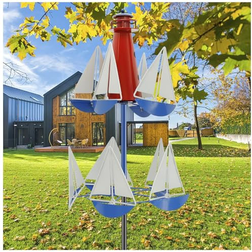 Lighthouse Sailboat Windmill, Sailboat Windmill Décor Wind Mills-Metal Yard Spinners, Wind Spinner Sculpture Outdoor Art Wind Sculpture Creative Nautical Art Ornament for Garden Courtyard Lawn