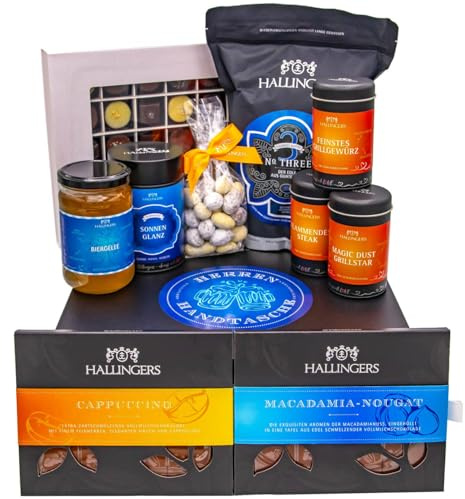 Hallingers Genuss Manufaktur Feinkost Vatertagsgeschenk-Set - XXL-Geschenkkorb Herren Handtasche große Selektion Schoki, Biergelée, Pralinen Nougat Kaffee Gewürze & mehr, Geschenkidee für Papa Opa