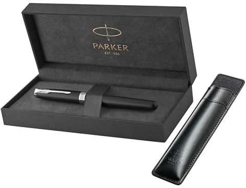 Parker Sonnet Tintenroller, mattschwarzer Lack mit Palladium-Rand, feine Spitze, schwarze Tinte, Geschenkbox und schwarzes Etui mit geprägtem Logo