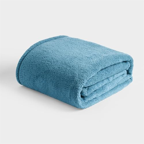 Brentfords Teddy Throws for Sofas Large, Super Soft Warm Cosy Fleece Throw Blanket for Bed Lightweight Plush Fleece Blanket Single Bed Throws, Denim Blue - 125 x 150cm