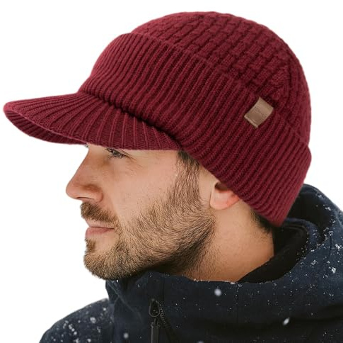 TOP-EX PolarWool™ Gorro con visera de lana merino 100% para hombre y mujer, gorros de punto de invierno tipo beanie con forro polar para running al aire libre y esquí, M-XXL, granate, XL-XXL