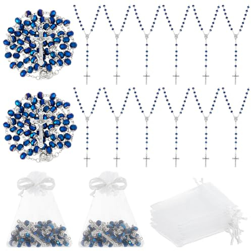 INTERWARM 15 chapelet en Vrac Collier en Verre Bleu avec Croix Crucifix Chapelet en Perles de Cristal Chapelets Rosarios Catolicos Cadeaux avec 15 sac en Organza Blanc pour Pâques Hommes et Femmes