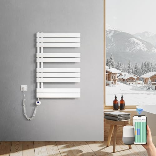 Heilmetz Badheizkörper Elektrisch 899 x 600mm Weiß mit WIFI Smart Heizstab 400W, Flach Handtuchwärmer Elektrischer Handtuchheizkörper mit Smartes Heizelement für Handtuchtrockner APP-Steuerung
