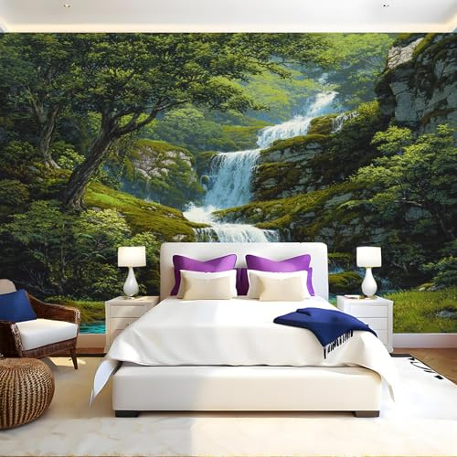 Verde Fotomurales Cascada del arroyo del bosque Papel Tapiz Fotográfico 400x280 cm Tejido No Tejido Decor de la Pared Murales para Salón Dormitorio TV Pared Habitación Niños