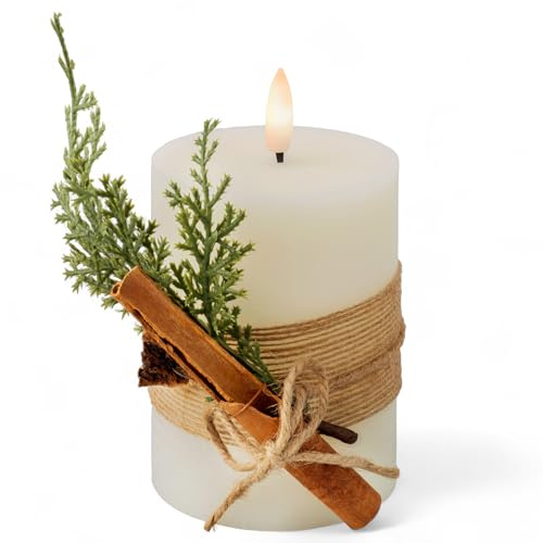 MIJOMA LED-Kerze aus Echtwachs mit 6h-Timerfunktion – Weihnachtsdeko mit Deko-Band, Naturdetails & Flammen-Effekt – Ø7,5 cm x 13 cm – batteriebetrieben (Creme)
