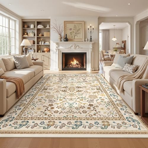 ComiComi 8x10 Area Rugs for Living Room Cloud Like Soft Washable Rugs for Bedroom Morris Floral Rug Non Slip Waterproof Carpet for Dining Room Nursery Brown Living Room Carpet