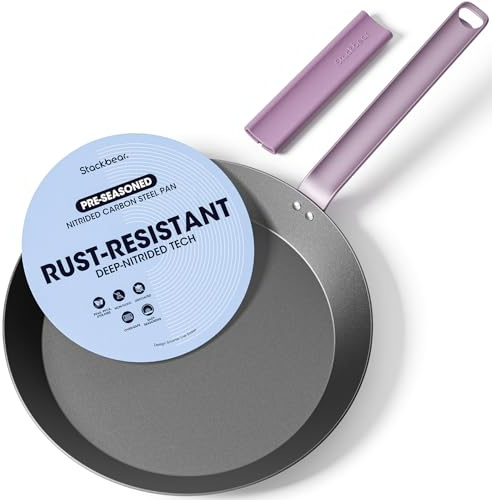 stackbear Carbon Steel Frying Pan 30 cm, Nitrided Steel Skillet, Preseasoned Rust Resistant Large Cooking Pan with Ergonomic Handle & Removable Silicone Grip, Induction & Oven Safe