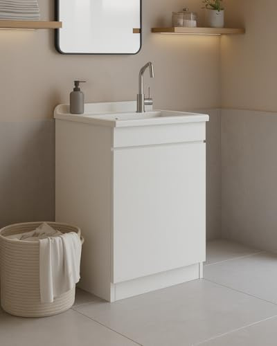 Delmar Mobile Lavatoio in Legno Nobilitato, Bianco, 45x50 cm Altezza 85 cm, Con Sportello Push e Lavabo Pila Pilozzo in Resina, Made in Italy, Già Montato per Bagno e Lavanderia