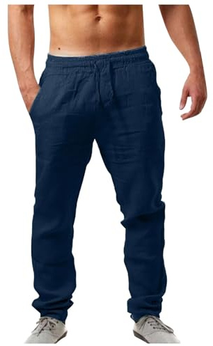 Pantalon Lin Homme Leger Taille Elastique Été Pants Couleur Unie Large Pantalon Respirant de Plage Coton Lin Décontracté Toile Pants Coupe Droite de Travail Pantalons avec Cordon de Serrage Poches