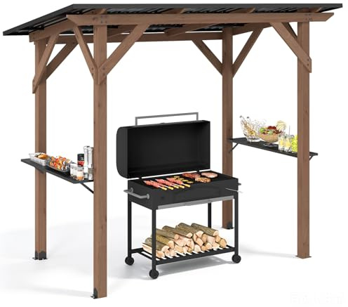 COSTWAY Cenador para Barbacoa, 263 x 151 x 223 cm, Marco de Madera Cedro | Carpa de Barbacoa con Tejado de Metal Galvanizado Inclinado, 2 Estantes de Almacenamiento, Pérgola Exterior para Jardín BBQ