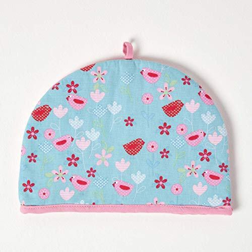 HOMESCAPES Tea Cosy, Kannenwärmer ‚Vögel & Blumen‘-Design, Teewärmer aus Baumwolle, isolierende Haube für Teekanne, Abdeckung für Tee- und Kaffeekannen