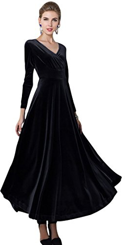 Damen Elegant V-Ausschnitt Langarm Samt Maxi Kleider Party A Linie Lang Abendkleider