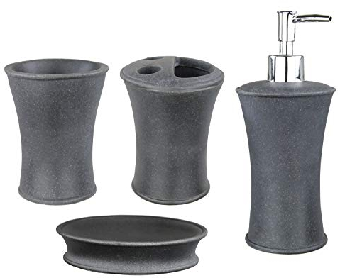 Bad Set Badezimmer Badgarnitur Stein Optik Seifenspender Zahnputzbecher Badset (dunkel grau glatt)