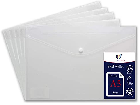 A5 Kunststoff-Brieftaschen, transparenter Druckknopf, Umschlagmappe, transparent, Schuldokumentenmappe, Druckknopf-Brieftasche, Tragetasche, Kunststoffordner, Bürodateien, Knopfverschluss (passend für