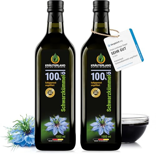 Kräuterland Schwarzkümmelöl kaltgepresst ungefiltert 2x1Liter Glasflasche | 100% Nigella Sativa, hoher Thymochinongehalt, ohne Konservierungsstoffe & Aromen, nativ, vegan, mühlenfrisch & unraffiniert