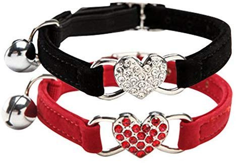 CHUKCHI verstellbares Katzen-Halsband mit Glocke und Herzanhänger mit Kristallsteinen, weicher Samtstoff, sicheres Halsband, 20,3-28 cm