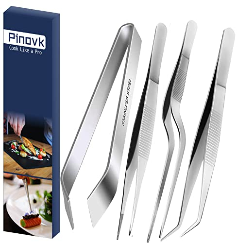 Cooking Tweezers Tongs, 4-Piece Set 6.3 inches Stainless Steel Tongs Tweezer with Chef Cooking Utensils/Precision Serrated Tips/Medical Beauty Utensils/Tool Sets