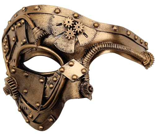 Ubauta Steampunk Cyborg Maske für Herren: Halbmaske für Halloween | Handgefertigte Kunststoffmaske in Bronze-Optik mit verstellbarer Passform und DIY-Reparaturstreifen