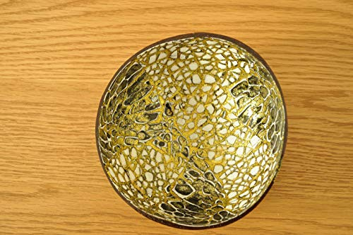 Bol à noix de coco fait à la main - Bol rond en bois naturel - Peinture laquée brillante incrustée avec coquille d'œuf - Bol à bonbons - Noir doré - H009