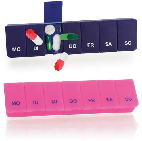 com-four® 2x Medikamentendosierer - Medikamenten-Box für 7 Tage - Pillendose - Tablettendose - Tablettenbox - Wochendosierer zur Aufbewahrung (02 Stück - pink/marineblau)