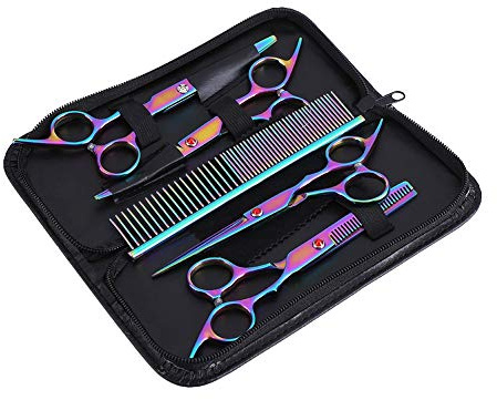 Oumefar 5 Stück Edelstahl Pet Trimmer Kit Hundepflege Schere Friseur Schere Set Haarschnitt Werkzeuge zum Schneiden Ausdünnen Hund Katze Haustier Trimmer Kit