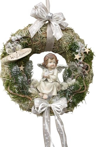 Türkranz D32 Weihnachten mit Engel sitzend, Creme Silber Natur | Weihnachtskranz, für Tür und Wand, Handgefertigt in Deutschland, Mit Schleife und Willkommen-Schild