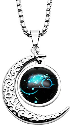 LEJAHAO Collier Signe Astrologique Verseau Constellation Zodiaque Pendentif Croissant de Lune Garcon Galaxie Horoscope Soeur d Amitie Acier Inoxydable