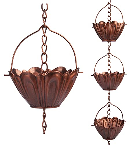 YJNSFT 2,4 m lange kupferbeschichtete Regenkette für Außenfalltülle, verstellbarer Regenfänger für Gartenrinnen, dekorative Metallblumen-Spiral-Regenglocken, 12 Lotusbecher, rote Kupferfarbe