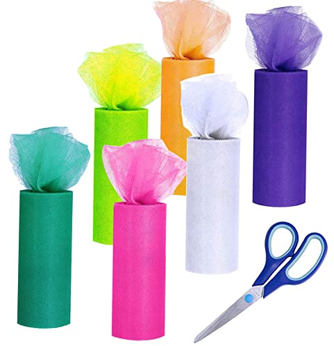 Allazone Tüll 6 Rollen Tüllstoff mit Schere, 6 Farben, 15CM x 23M, Nähschere für Tutu Röcke, Geschenkverpackungen, Hochzeit, Dekoration