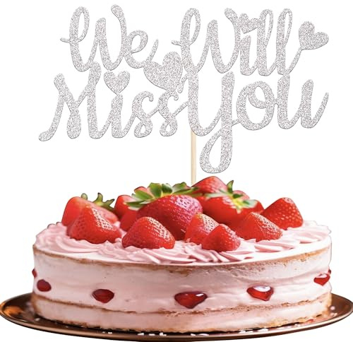SYKYCTCY 1 Pack We Will Miss You Cake Topper Glitter Red Love Heart Good Luck Cake Pick Retirement Theme Going Away Party Cake Decorations Silver