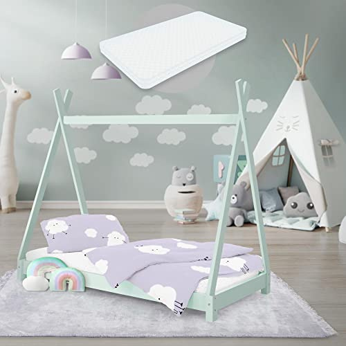 ML-Design Kinderbett Tipi 70x140 cm Mint mit Matratze & Lattenrost, Indianer Bett aus Kiefernholz, Hausbett für Mädchen und Jungen, Bodenbett Kinderhaus Jugendbett Holzbett Bettenhaus Spielbett Zelt