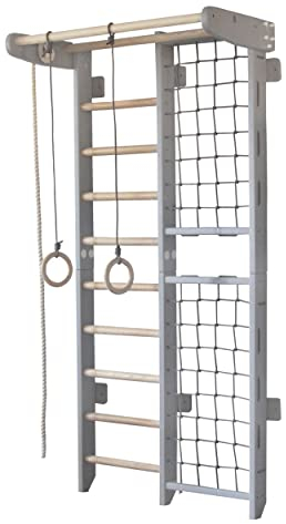 Sprossenwand aus Holz Indoor + Turnringe | Klettergerüst | Kletternetz