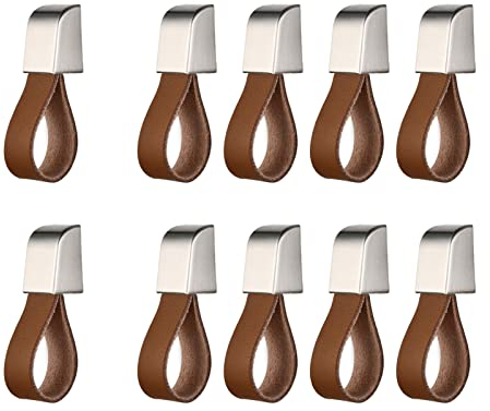 ZAKHSE Ledergriffe für Möbel,10 Stück Möbelgriffe Leder,Einzelloch Lederschlaufe Schrankgriffe,60×24mm,Zink Legierung Edelstahl Drahtzeichnung Schubladengriffe Griffe für küchenschränke-Karamell