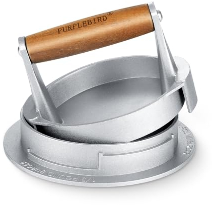 PURPLEBIRD Burgerpresse, 10.8cm Aluguss Burger Pattie Presse mit Antihaft, 3 Stufen der Dicke einstellbar, Professioneller Hamburgerpresse mit Holzgriff Perfekt für leckere Hamburger, Patties, BBQ